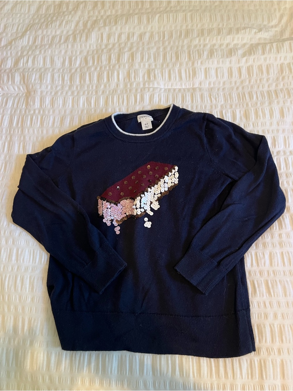 Crewcuts Size 6-7 Navy Crewneck Sweater with Sequin Ice Cream Sandwich Motif
